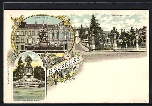 Lithographie Bruxelles, Fontaine de Brouckère, Place du Petit Sablon, Statues des Comtes d`Egment et de Horn