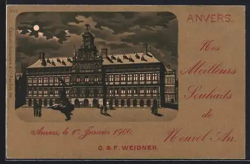 Mondschein-Lithographie Anvers, Rathaus bei Vollmond, Neujahrsgruss