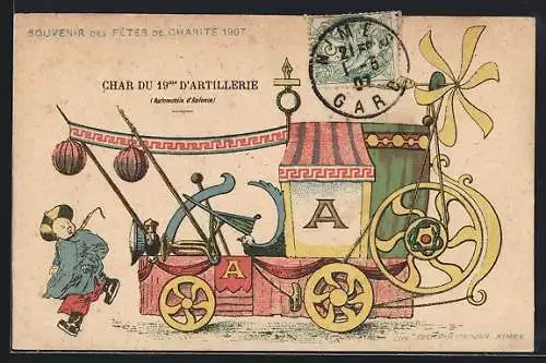 Künstler-AK Nimes, Char du 19. d`Artillerie, Fetes de Charité 1907