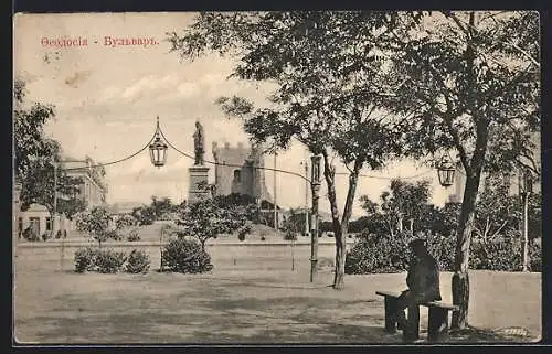 AK Feodossija /Krim, Boulevard mit Statue und Sitzbank unter Bäumen