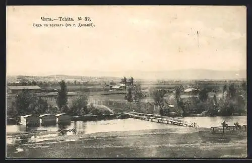 AK Tschita, Blick auf den Bahnhof und Flusslandschaft