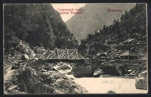 AK Kaukasus, Wachtposten der Königin Tamara auf Bergstrasse mit Brücke