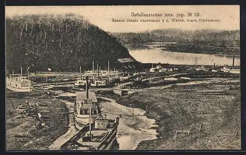 AK Transbaikal-Eisenbahn, Dampfschiffstation am Fluss Schilka bei Strjetensk