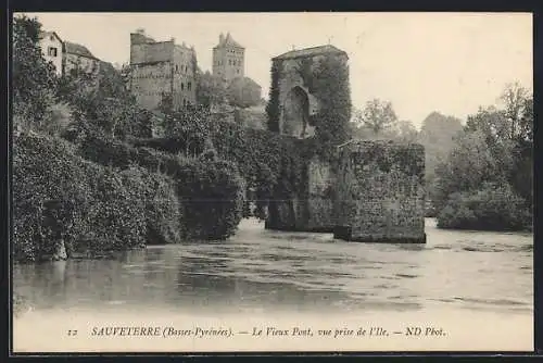 AK Sauveterre-de-Béarn, le vieux Pont, vue prise de l'Ile