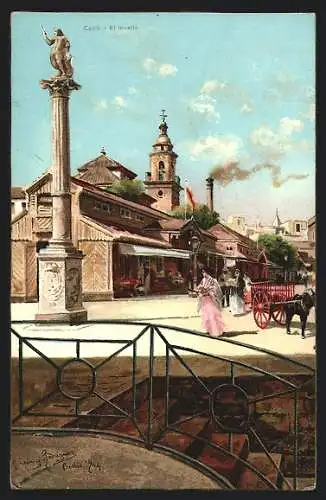 Künstler-AK Cadiz, Marktplatz mit Denkmal und Kirche