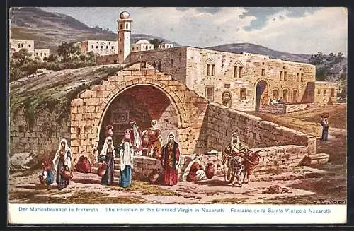 Künstler-AK F.Perlberg: Nazareth, Marienbrunnen mit Leuten, Krüge