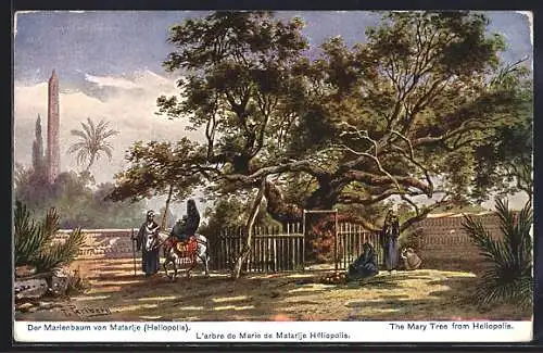 Künstler-AK F.Perlberg: Heliopolis, Marienbaum mit Esel, Krug, Ägypter