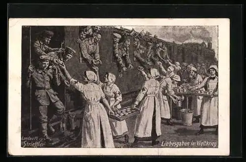 Künstler-AK H. Strieffler, Rote Kreuz Frauen verteilen Liebesgaben an die Soldaten