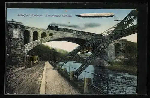 AK Elberfeld-Barmen, Sonnborner Brücke mit Eisenbahn, Zeppelin, Strassenbahn & Schwebebahn