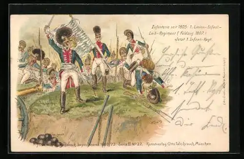 Lithographie Histor. Uniformen des bayer. Heeres 1800 /73, Infanterie seit 1805, 1. Linien-Inf.-Leib-Reg., Feldzug 1807