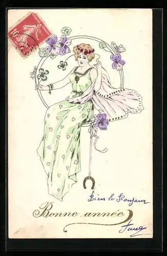 Künstler-AK Bonne annee, Junge Frau im grünen Kleid, Jugendstil