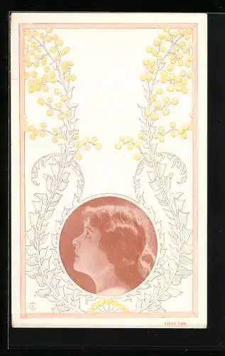 AK Porträt einer jungen Frau umrahmt von Jugendstil-Ornamentik