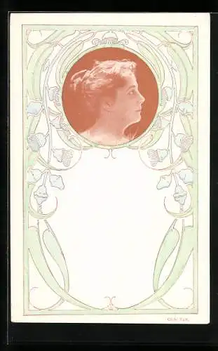 AK Porträt einer jungen Frau mit Jugendstil-Ornamenten