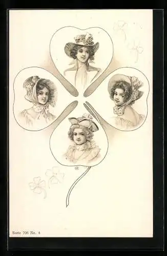Lithographie Kleeblatt mit Frauenportraits in jedem Blatt, Jugendstil