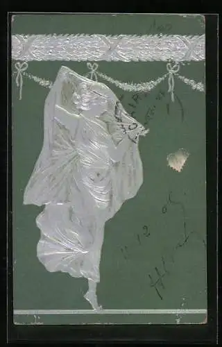 Präge-AK Frau mit Schleier im Jugendstil