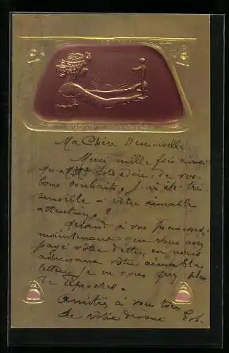 Präge-AK Göttin hält Menschen, Jugendstil