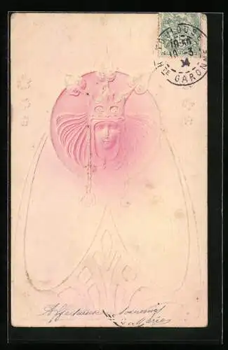 Präge-AK Junge Frau Krone, Jugendstil