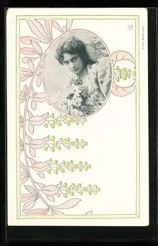 AK Junge Frau im Porträt mit Jugendstil Ornamenten