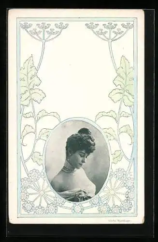 AK Junge Frau im Seitenporträt mit Jugendstil Verzierungen