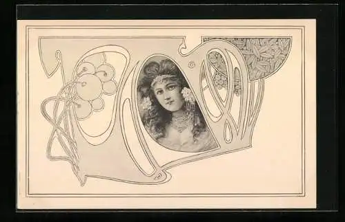 AK Jugendstil, junge Dame mit Kopfschmuck, Blumen und Halskette mit Ornamenten