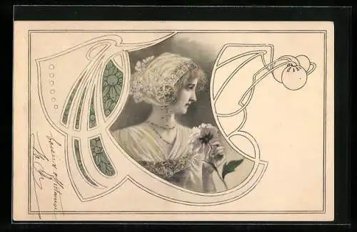 AK Junge Frau mit Kopfschmuck und Blume, Jugendstil
