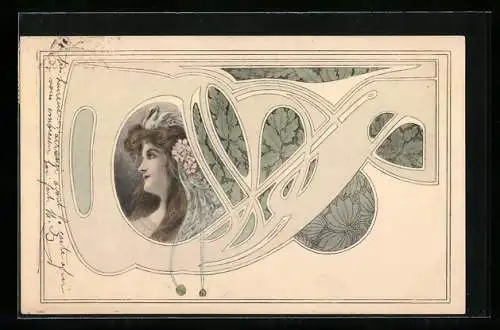 AK Porträt einer jungen Dame, Jugendstil-Ornamentik