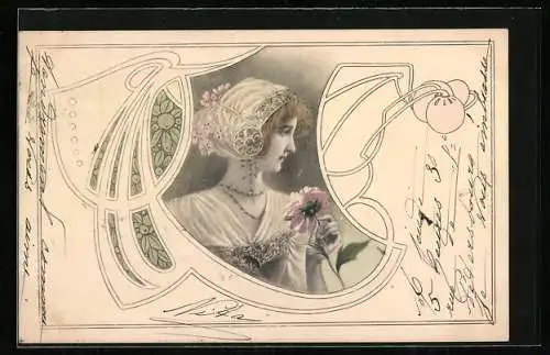 AK Junge Frau mit Kopfschmuck und Blume, Jugendstil