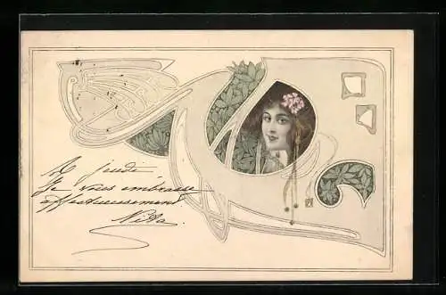 AK Lächelnde Junge Frau mit Ornamenten im Jugendstil