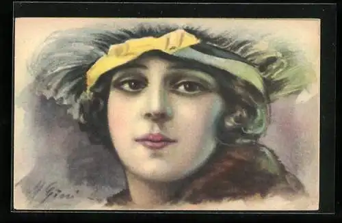 Künstler-AK Junge Frau im Portrait mit verträumtem Blick, Art Deco