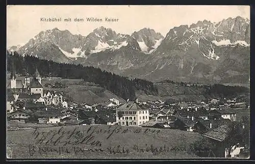 AK Kitzbühel, Ortsansicht gegen das Kaisergebirge