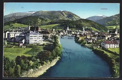 AK Leoben, Teilansicht mit Brücke und Bergblick