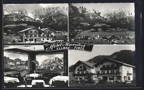 AK Ellmau, Hotel Alpenhof, Inneres und Äusseres, und Ortsansicht