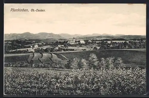 AK Pfarrkirchen, Gesamtansicht mit Feldern und Bergpanorama