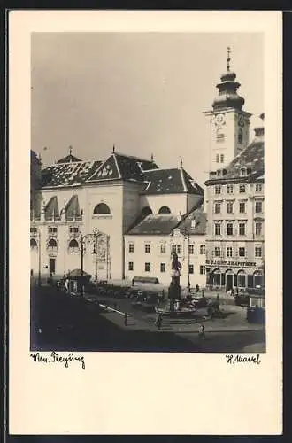 AK Wien, Freyung, Strassenpartie mit Apotheke J. Girtler und Brunnen