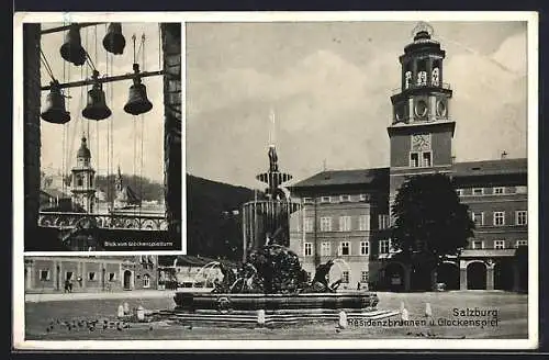 AK Salzburg, Glockenspiel u. Residenzbrunnen, Blick vom Glockenspielturm