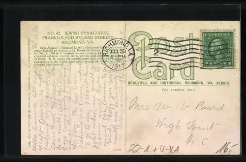 AK Richmond, VA, Jewish Syngogue, Franklin and Ryland St., Synagoge