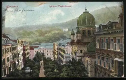 AK Karlsbad, Untere Parkstrasse mit Synagoge