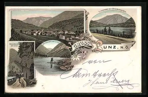 Vorläufer-Lithographie Lunz, 1895, Hohe Mauer, Lunzersee m. Scheiblingstein, Mittersee