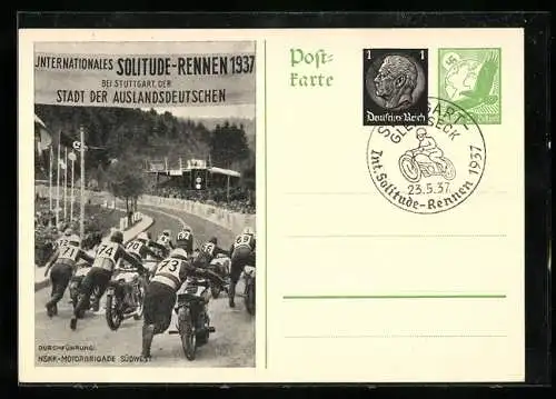 AK Stuttgart, Internationales Solitude-Rennen 1937, NSKK-Motorradbrigade Südwest, Ganzsache