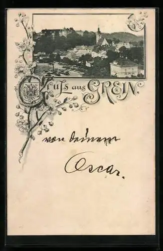 Vorläufer-AK Grein, 1895, Teilansicht mit Kirche, Wappen und blühender Zweig