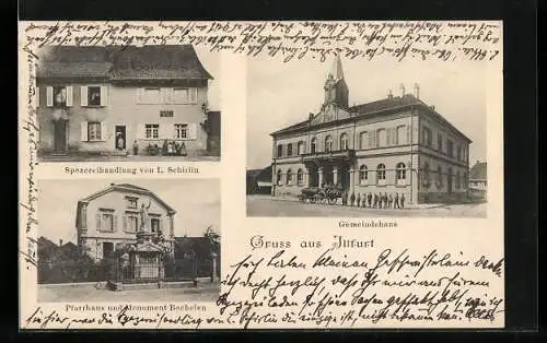 AK Illfurt, Spezereihandlung von L. Schirlin, Gemeindehaus, Pfarrhaus und Monument Bochelen