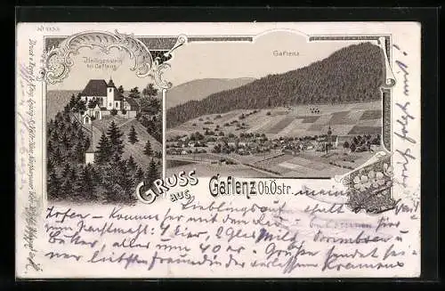 Lithographie Gaflenz, Heiligenstein aus der Vogelschau, Gesamtansicht