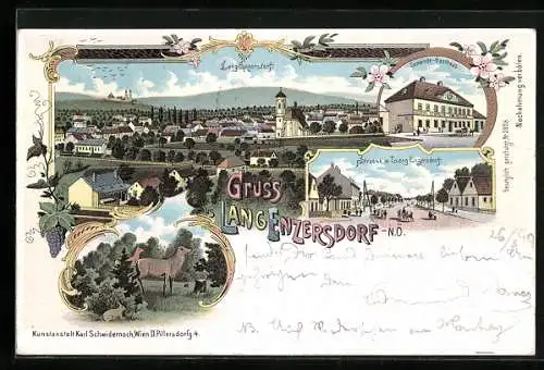 Lithographie Lang-Enzersdorf, Gemeinde-Gasthaus, Strassenpartie, Teilansicht