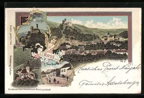 Lithographie Senftenberg i. Kremsthal, Ruine Senftenberg, Kirche, Oberer Markt, Gesamtansicht