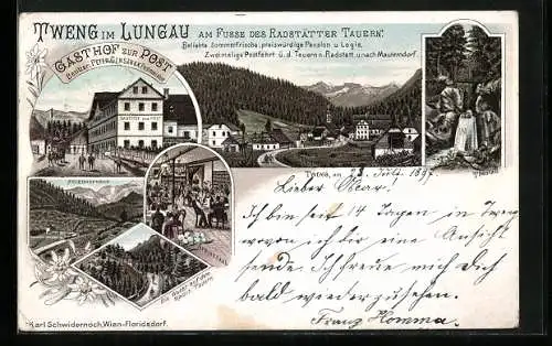 Lithographie Tweng /Lungau, Gasthof zur Post, Thenfall, Panorama