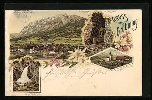 Lithographie Gröbming, Panorama mit dem Kamm, Salza Wasserfall & Evang. Kirche