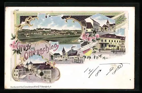 Lithographie Ottenschlag /Nied. Österr., Binder`s Handlung, Sparcassa und Kirche, Schloss