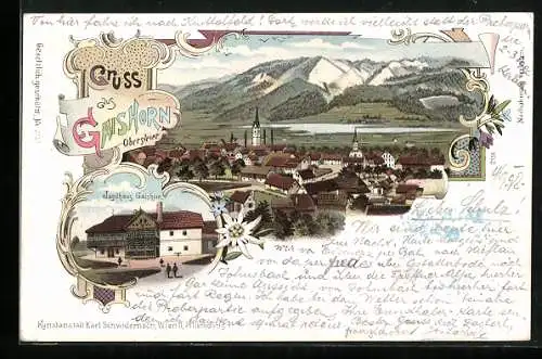 Lithographie Gaishorn, Das Gasthaus Jagdhaus Gaishorn, Gesamtansicht gegen die Berge