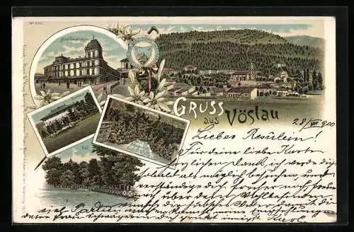 Lithographie Vöslau, Hotel Zwierschütz, Curhaus, Bad