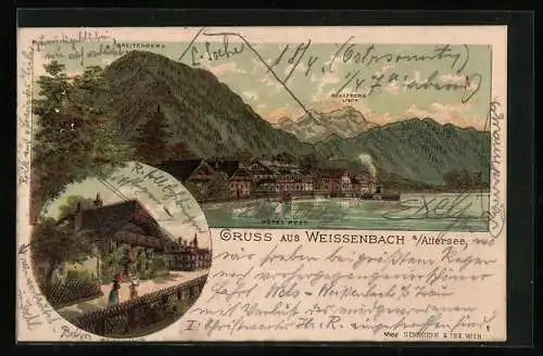 Lithographie Weissenbach am Attersee, Panorama mit Hotel Post mit Breitenberg, Wolterhaus